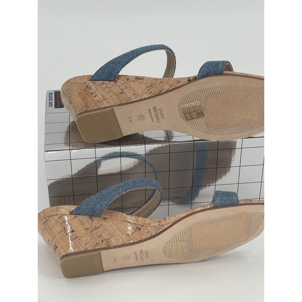 Stuart Weitzman Wedge Sandal Square Toe‎ Heel Washed Blue Women's Size 5.5 New - Picture 9 of 12